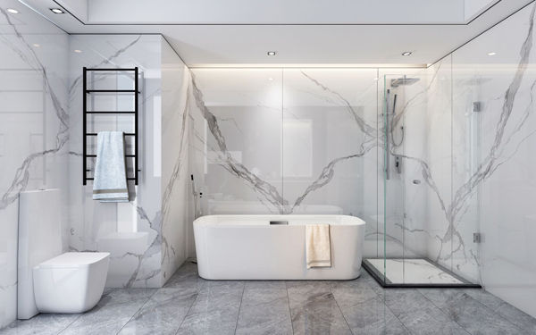 拥有“越大越美丽”视觉震撼的“巨石岩板”，大大提升浴室的品味。