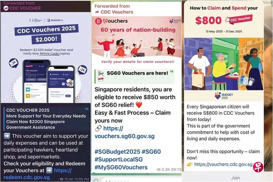 受害者一般会收到带有图文的信息，诱导他们通过假冒新加坡政府的Telegram频道或Instagram账号，领取SG60或社区发展理事会邻里购物券。